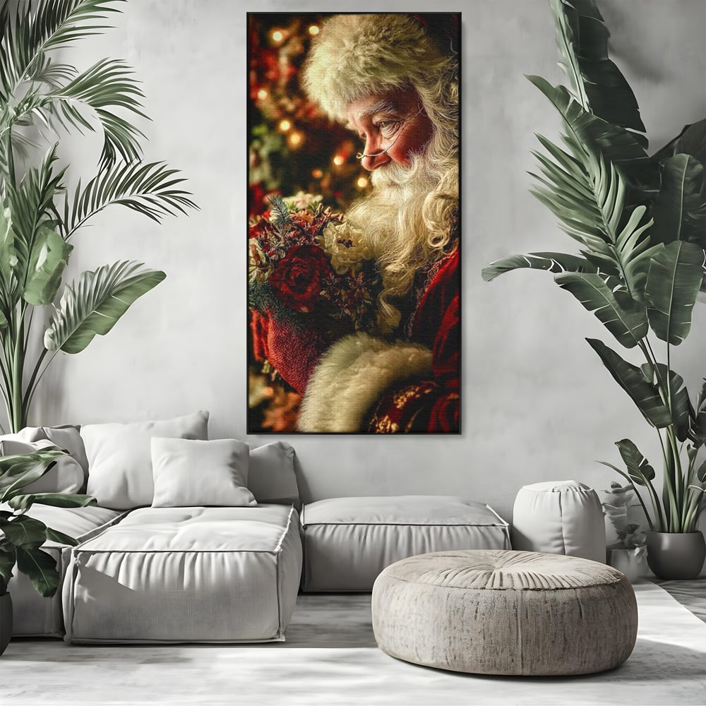 Tablou canvas cu portret ilustrativ cu mos craciun, in rama de aluminiu negru, pe perete intr-un living